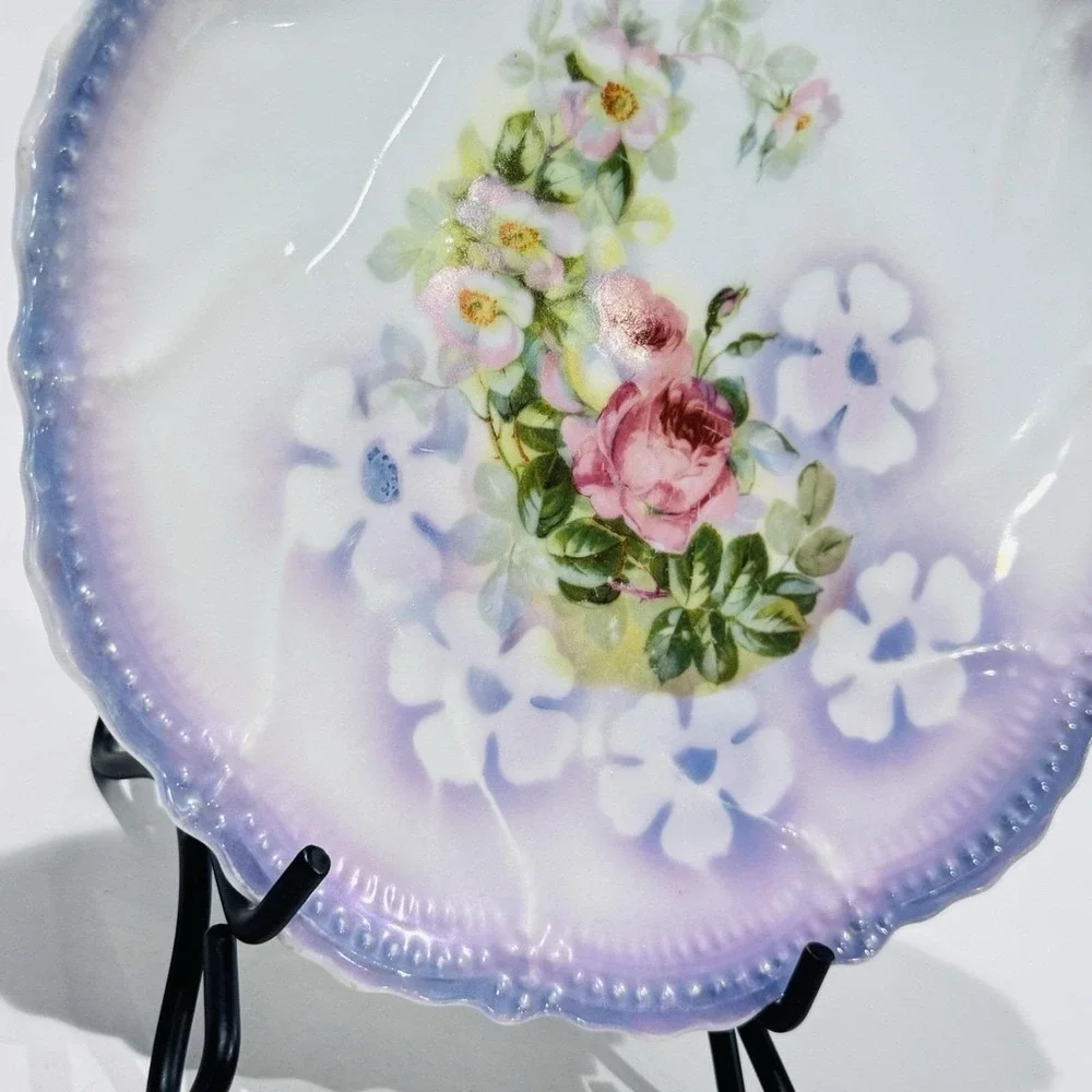 Antique Purple Floral Cabinet Plate w Iridescent Finish‎  Leuchtenburg Germany